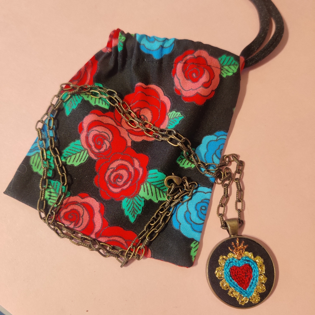 Hand Embroidered Sacred Heart Pendant Necklace